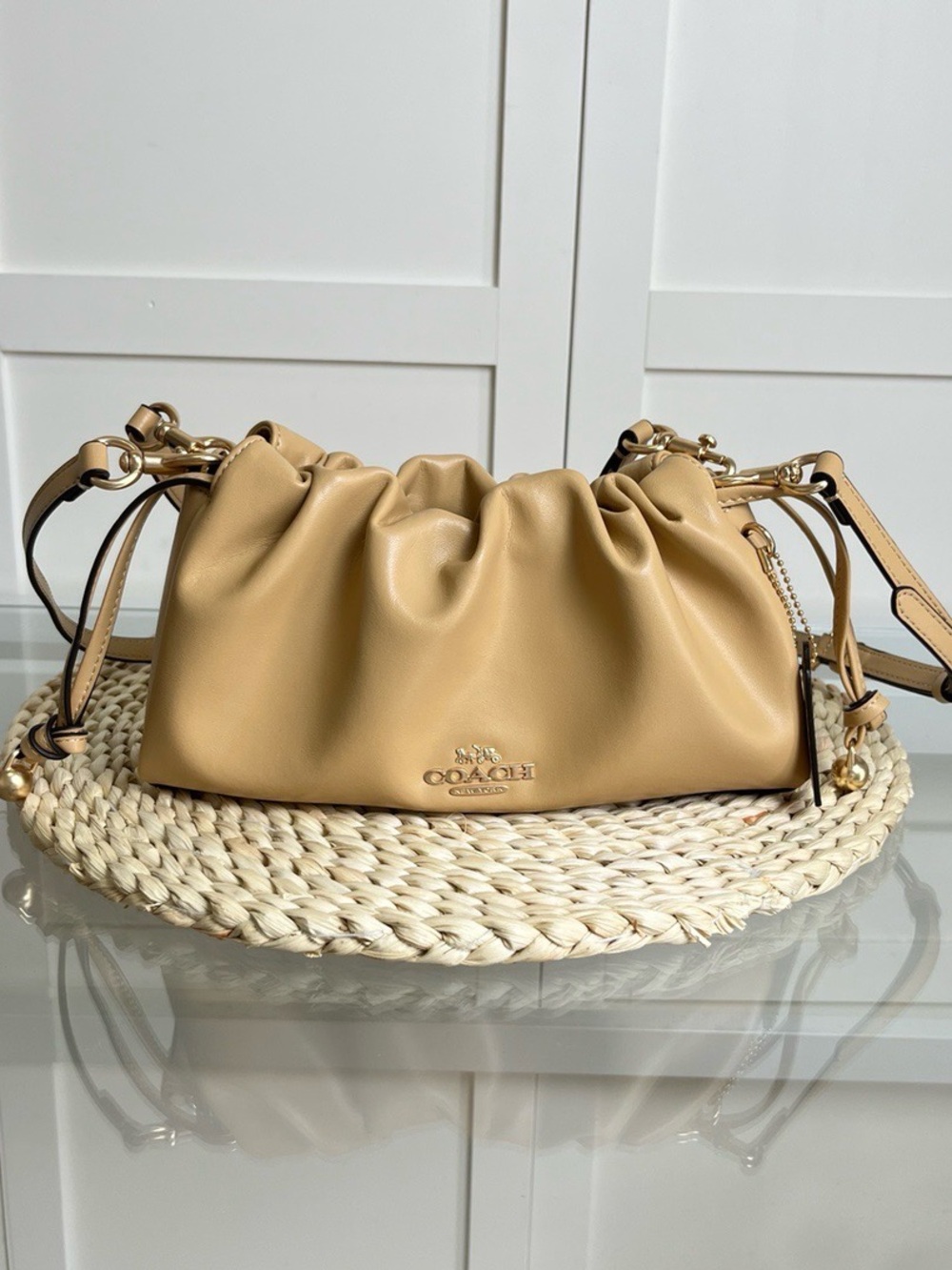 Coach Tan Drawstring Leather Shoulder Bag